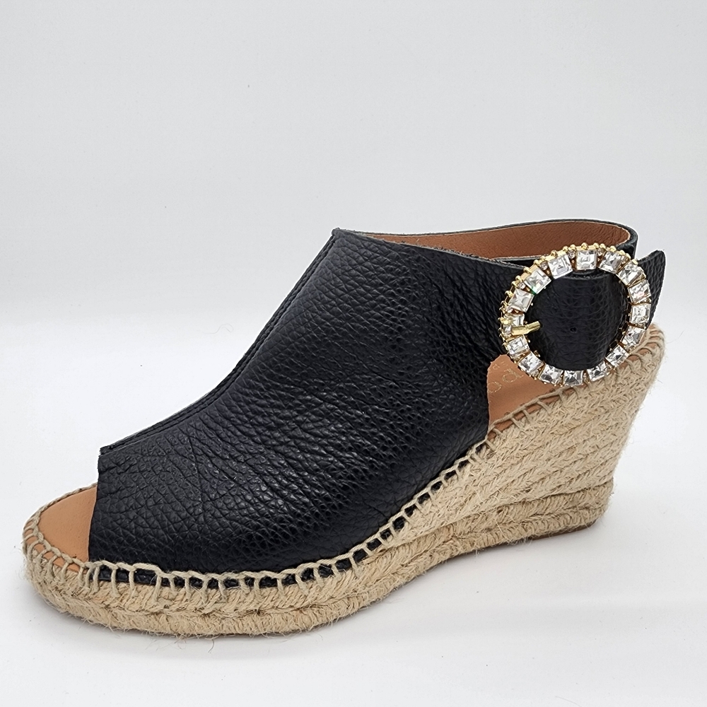 Maypol Spain Wedge Sandals Leather Black Rhinestone Buckle Size 39 or 9 - Picture 2 of 13